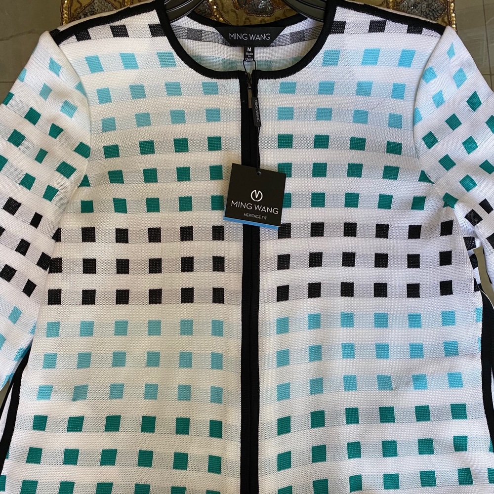 Ming Wang blue, green, black, and white sweater